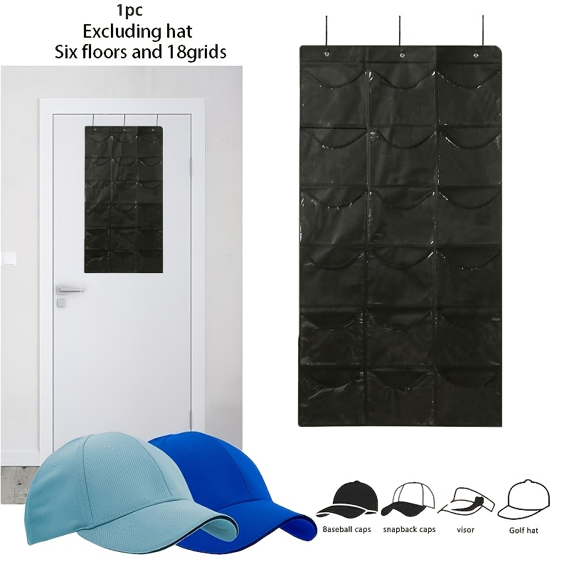 TEMU 1 Pack Large Capacity Baseball Cap Rack - Divided 18 Pocket Over The Door Hat Organizer With 3 Hooks - Clear Pockets Door Hat Rack - Hat Storage