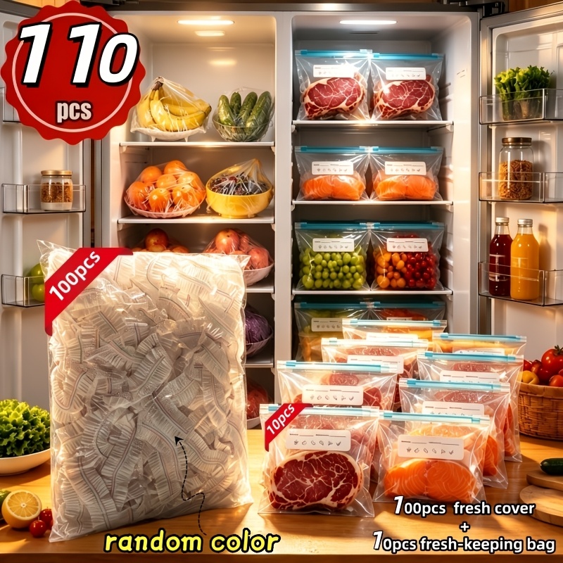 TEMU 110pcs (100pcs Preservatives And 10pcs Bags) Reusable Zippered Preservation Set, Thickened Food-grade Material Sealed Bags, Elastic Large Food