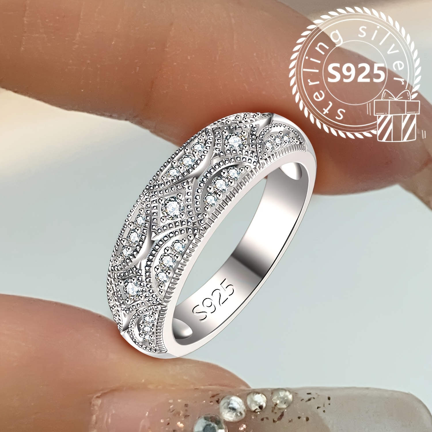 925 Silver Women's Ring with Cubic Zirconia Inlay Band