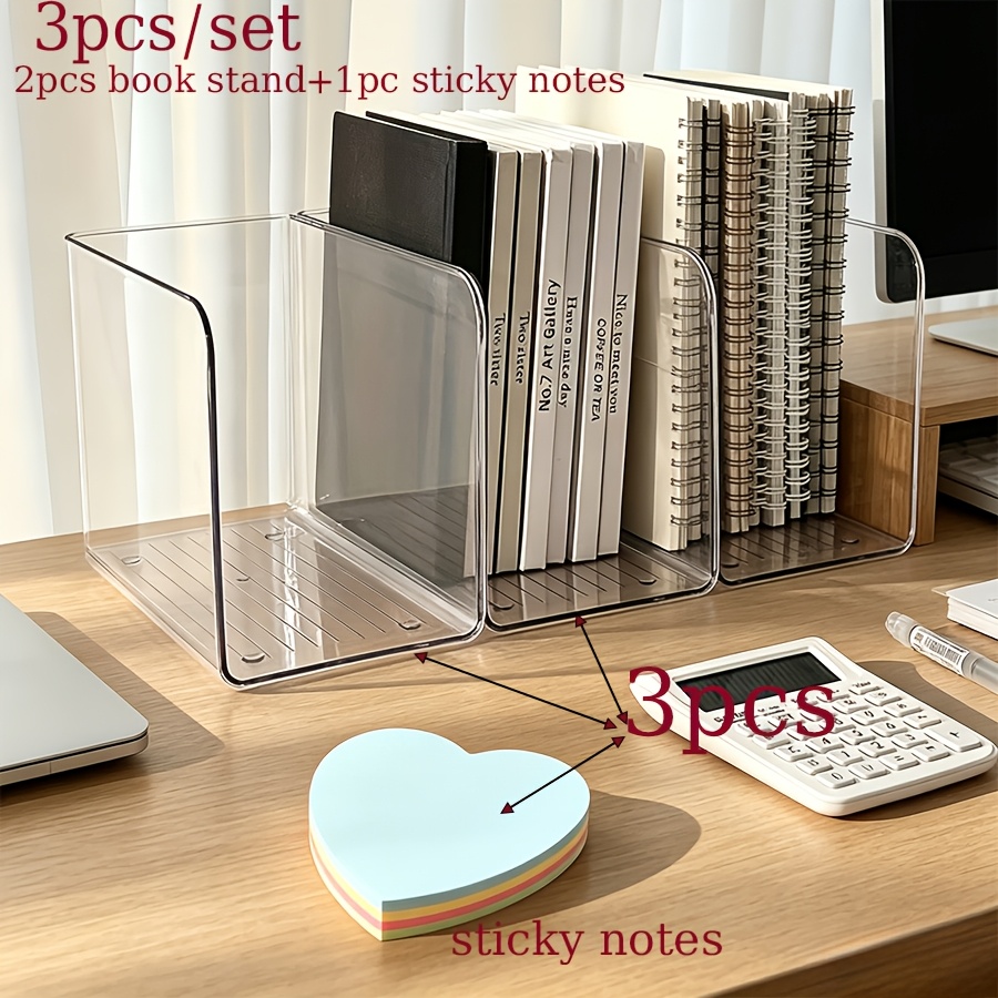 TEMU 3pcs/set, 2pcs Transparent Acrylic Book Stands + 1pc Sticky Notes, Desktop Organizer, Student Office File Organizer, Anti-tip Book Stoppers,