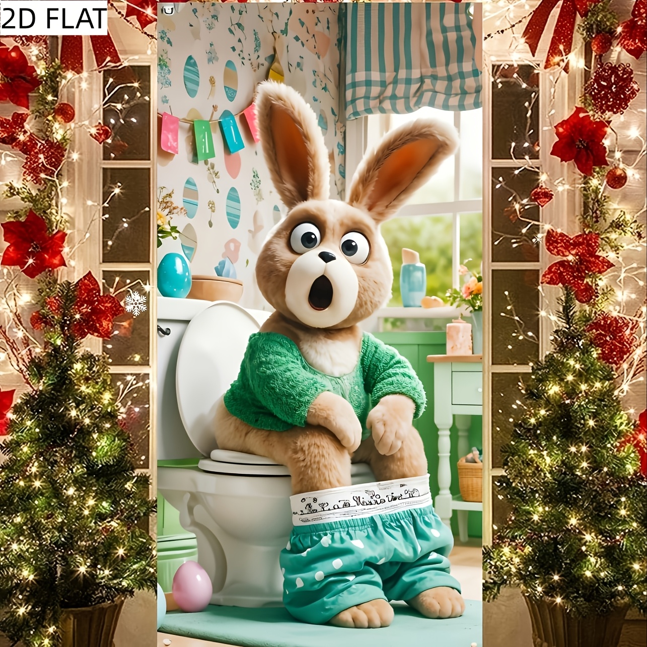 2d Door Banner, Easter Bunny Door Cover - 89.92x179.83cm Polyester Easter Party Decoration, Rabbit Design