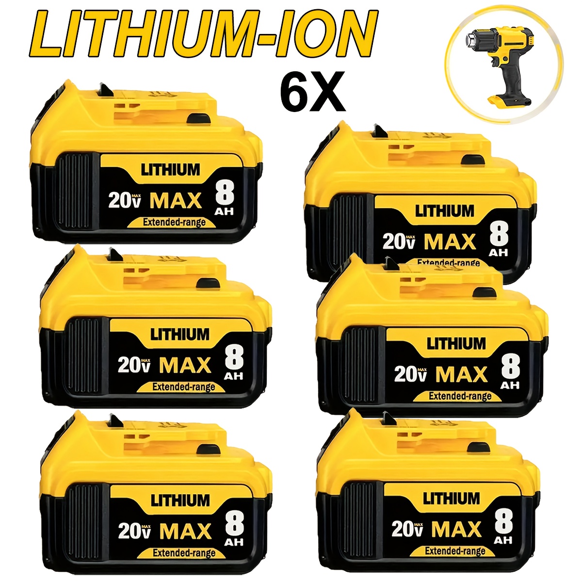 TEMU 6-pack For 20v 8.0ah Lithium-ion Battery Replacement High Capacity Long-lasting, For Dcb200 Dcb201 Dcb206 Dcb210 & 20v Cordless Power Tools, 3-