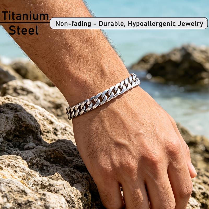 TEMU 1 Unisex Fashion Cuban Titanium Steel Bracelet, Non-fading, Hypoallergenic Fashion Jewelry, Versatile Everyday Additions, Durable