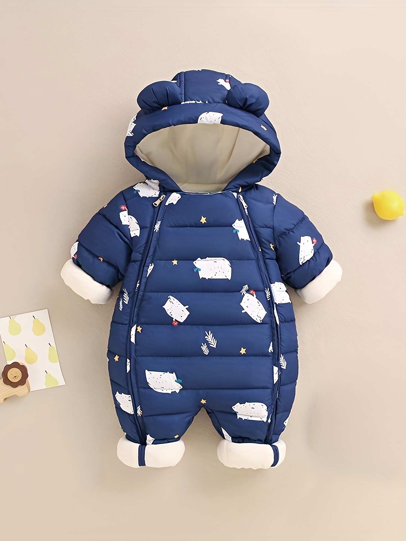 Unisex Winter Jumpsuit - Thick Plush Hooded Long Sleeve Romper with Cartoon Sheep & Clouds Print, Elastic Cuffs, Hand Wash   &,   Outdoor