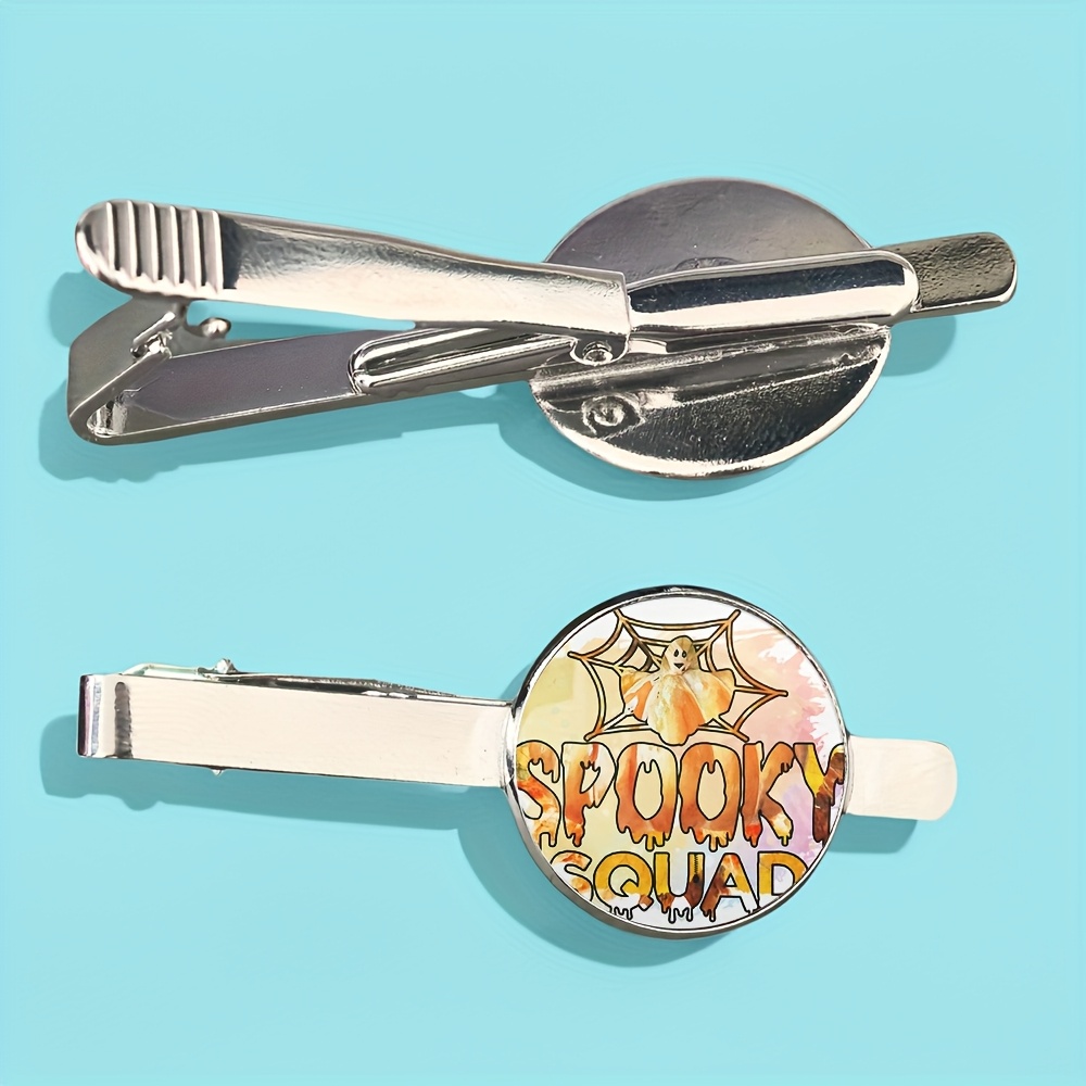 Spooky Squad Halloween Tie Clip with Spider Web & Pumpkin Motif