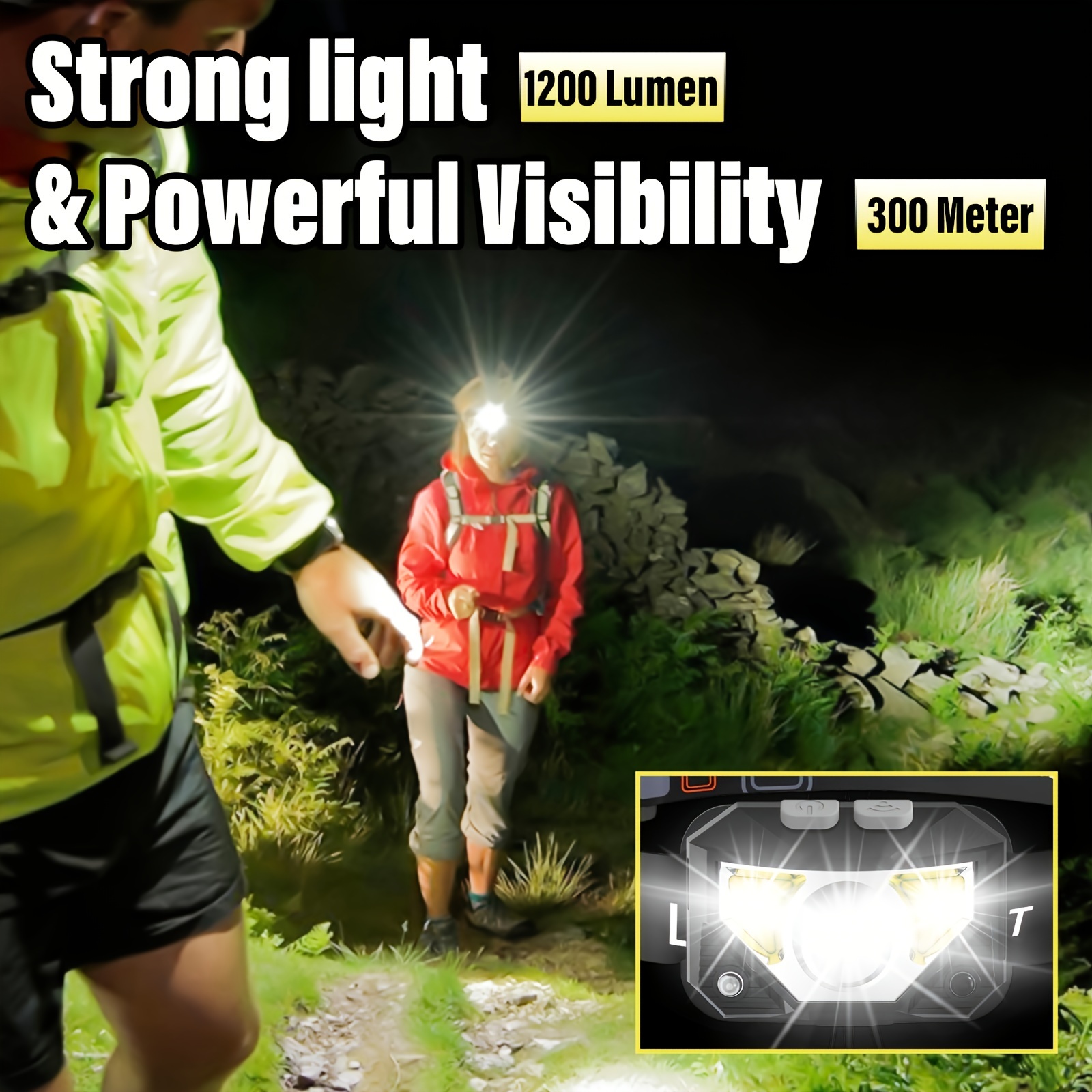 TEMU 2pack, Rechargeable Headlamp Flashlight, 1200 Lumen Bright Led Head Lamp With 8 Mode Motion Sensor, Headlamp With Adjustable Headband For Camping, Running, Fishing,
