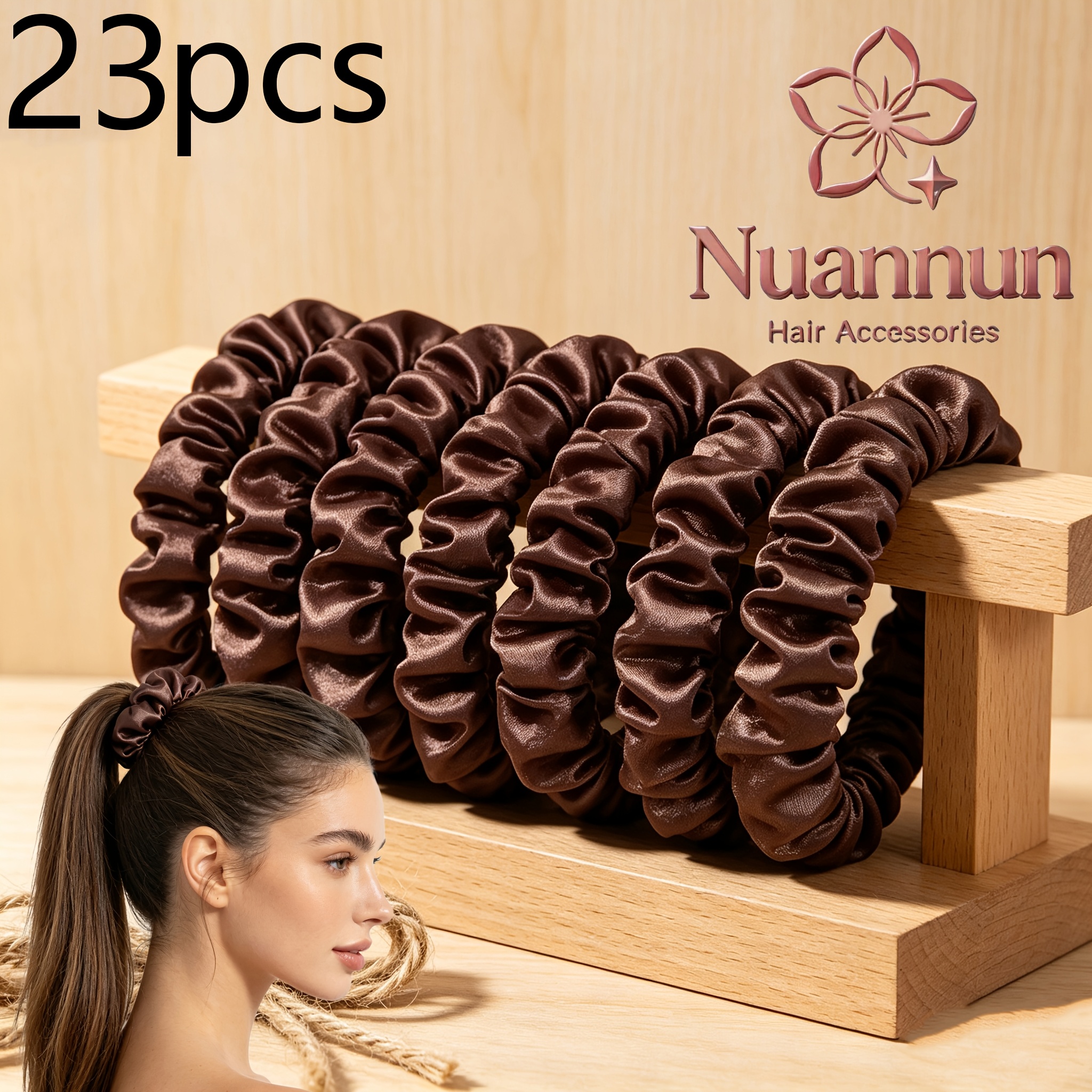 TEMU 23pcs Coffee-colored High-end Minimalist Satin Pleated High-elasticity Small Hair Tie, Daily Versatile, , High And Low Ponytails, Lazy Bun Hair