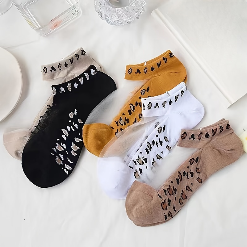 

5 Pairs Leopard Pattern Socks, Thin & Breathable Short Socks, Women's Stockings & Hosiery