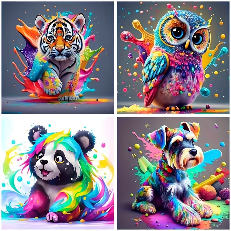 

4pcs 7.87x7.87in/199.99x19.99cm Diy 5d Diamond Art Painting Set Colorful Tiger Dog Owl Diamond Art Painting Full Diamond Art Embroidery Stitch Picture Diamond Art Painting Art Craft Wall Decor