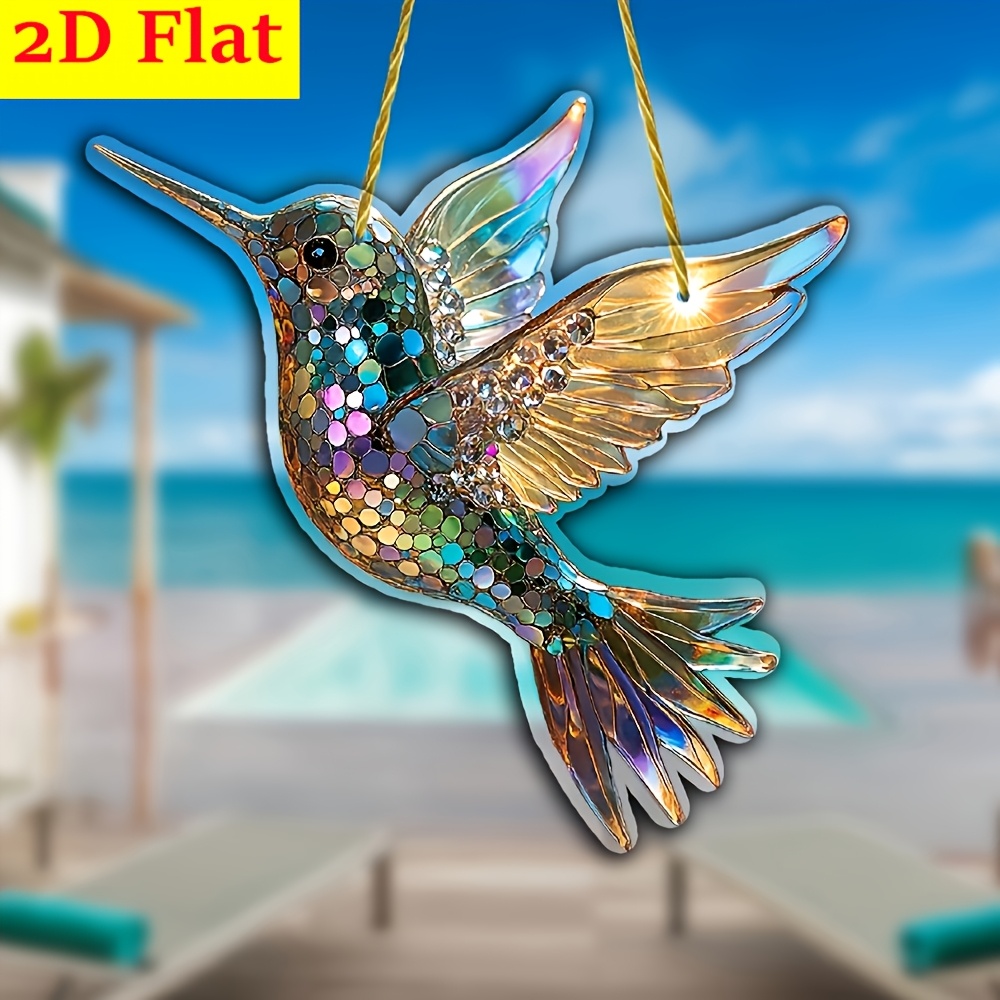 TEMU 2d Flat Gorgeous Hummingbird Sun Catcher - Colorful Acrylic Bird Theme, Flat Pattern, Window Door Hanging Ornament, Multifunction Decor For , &