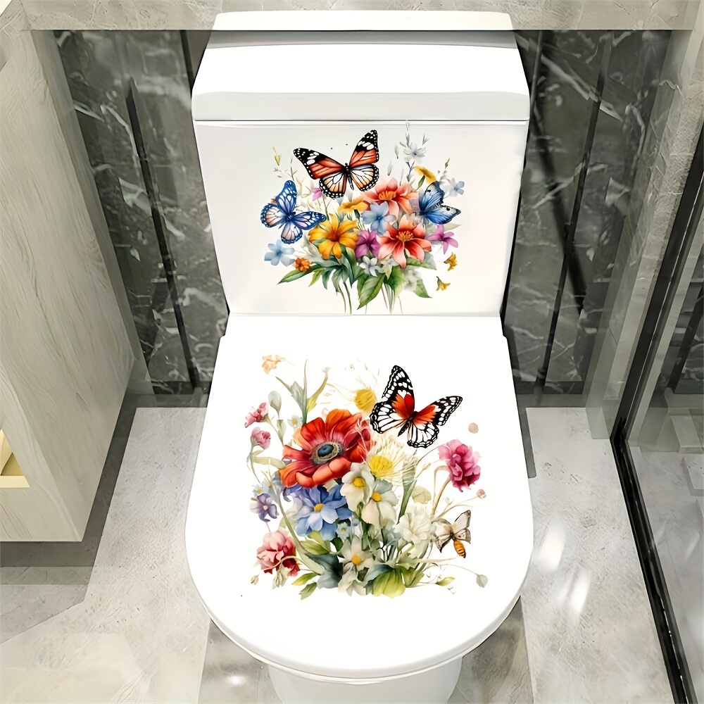 TEMU Peoho Butterfly & Flower Bathroom Decal Set - Waterproof, Self-adhesive Wall Stickers For Toilet Lid & Tank, Removable Decor