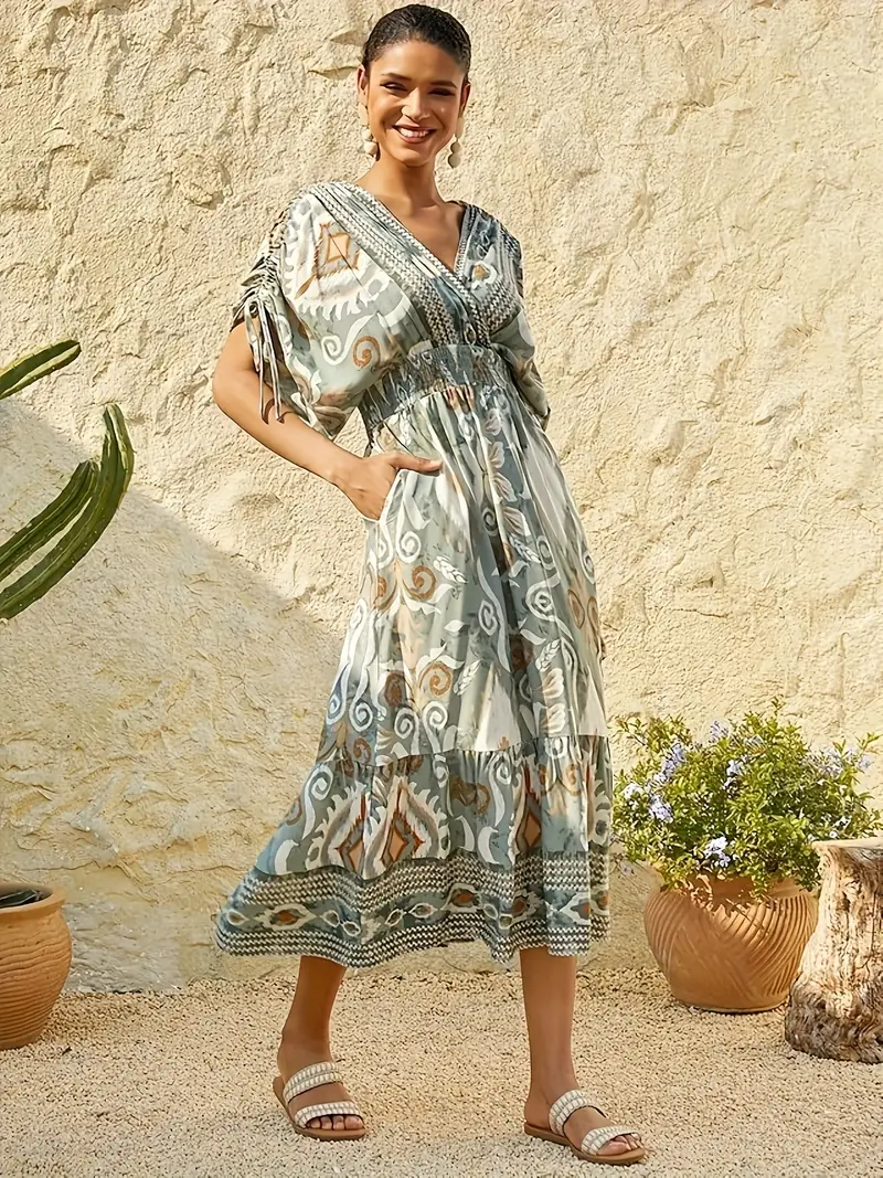 bohemian casual print v-neck waist wrap long dress Womens Long Beach Dress Boho Print V Neck Flowy Slit Maxi Dress Empire Waist Casual Dress