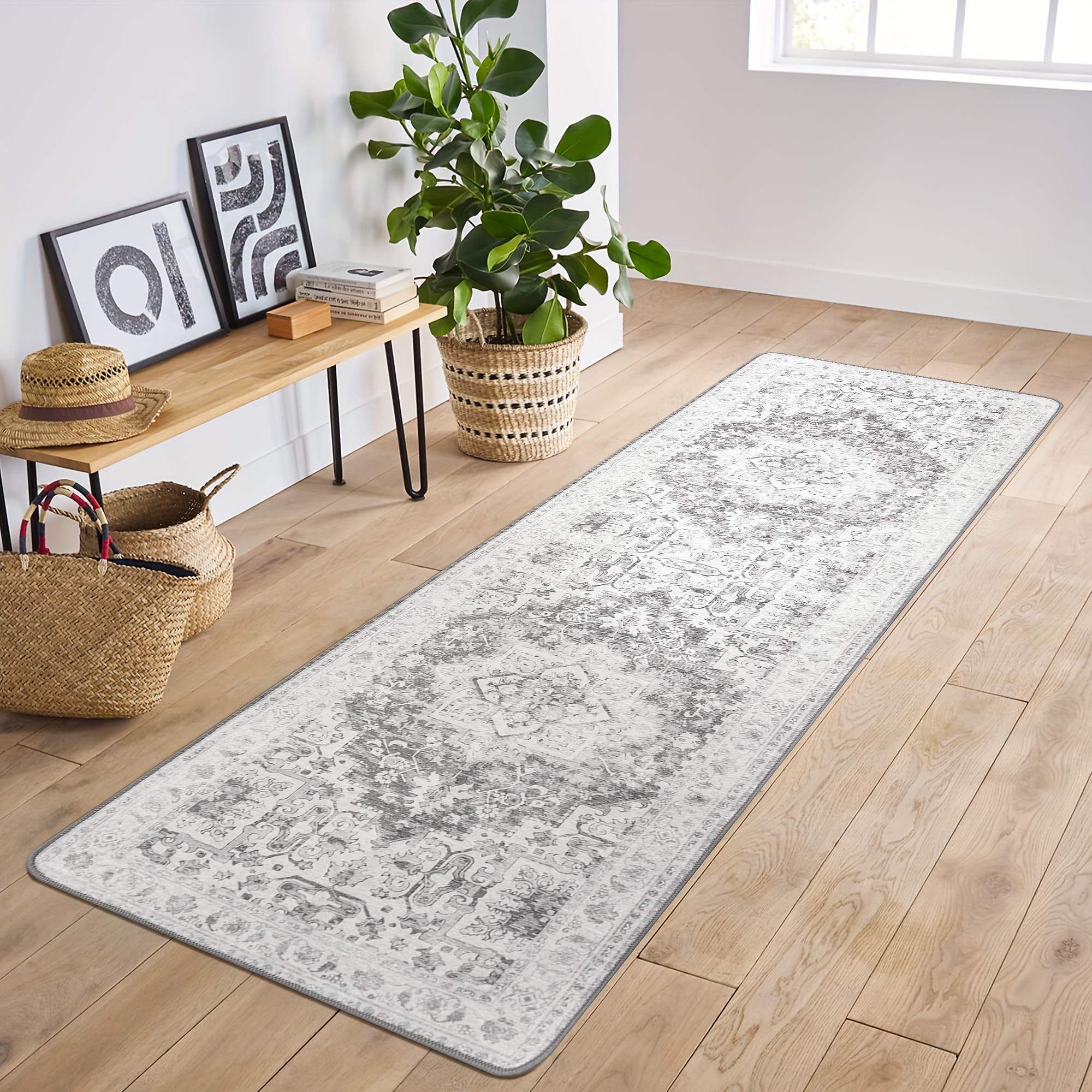 

Runner Rug, Non Slip Vintage Machine Washable Hallway Runner, Low Pile Rugs For Living Room, Entryway, Bedroom, Kitchen And Corridor, Gray