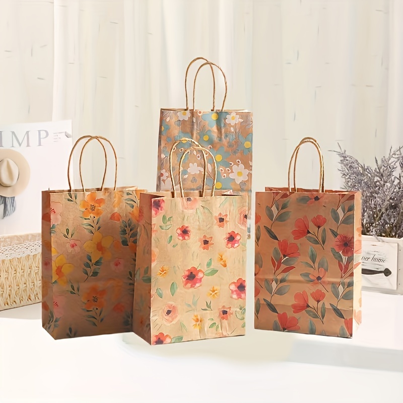 

16pcs Set - Charming Floral Tote Bag For Shopping And Parties - Durable Kraft Paper, Party Candy Gift Bag, Perfect For Birthday, Wedding And Event Decor, Stylish, Elegant And Reusable