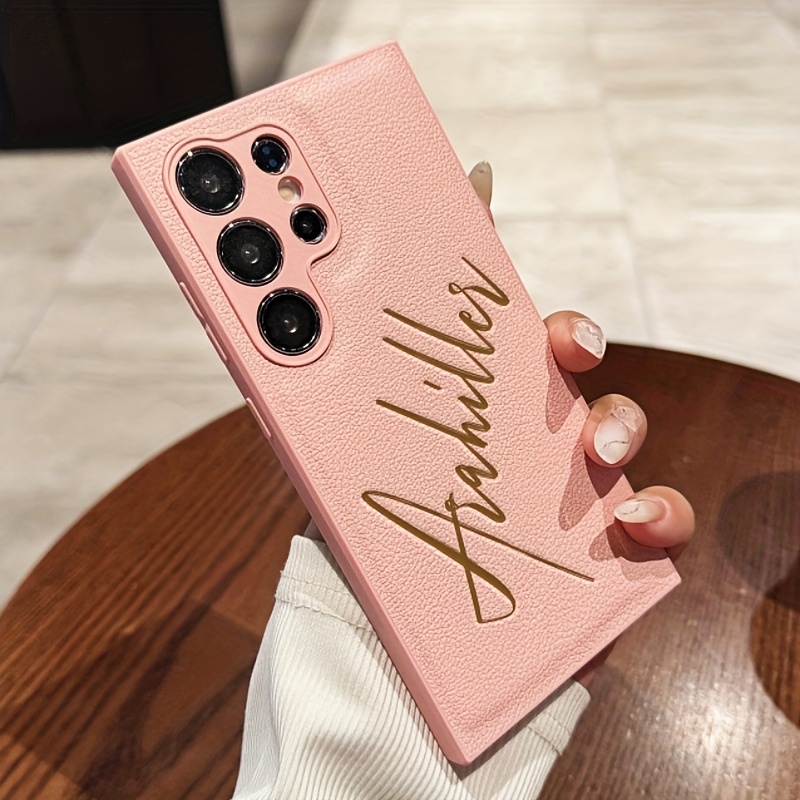 TEMU Phone Case - Personalized Customized Name Letter Faux Leather Soft Phone Case For For Galaxy S25 S24 S23 S22 Shockproof Lens Protective Cover