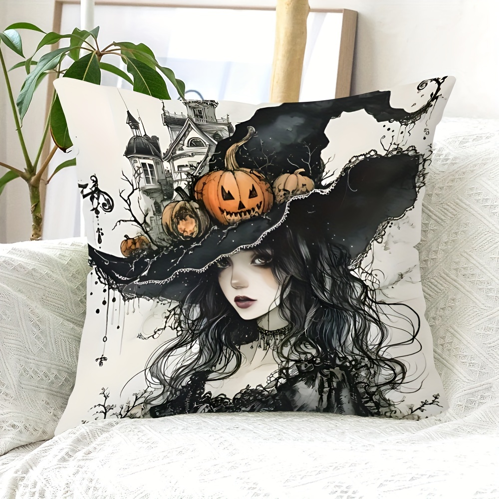 

Halloween Throw Pillow Cover 1pc - Contemporary Polyester Cushion Case With Zipper, Pumpkin Crow Print, 18x18 Inch Decorative Pillowcase For Living Room, Bedroom, Office Sofa Decor - Machine Washable