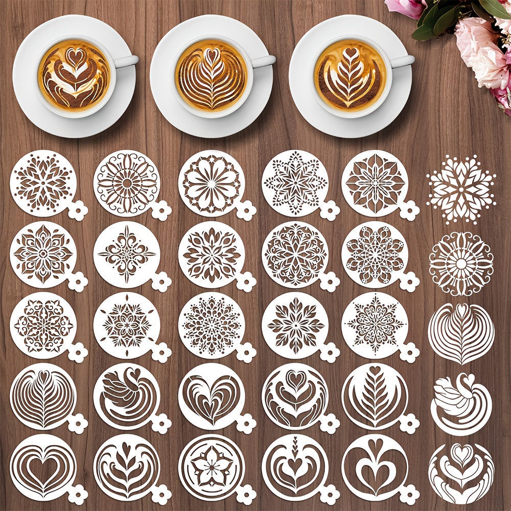 Image of 25pcs Art Stencil Set, 10x9cm Round Coffee Cutout Stencils With Handle, Reusable Painting Templates With Leaf, Heart, Snowflake, And Swan Patterns For Coffee Making, Drink Decoration, And Baking