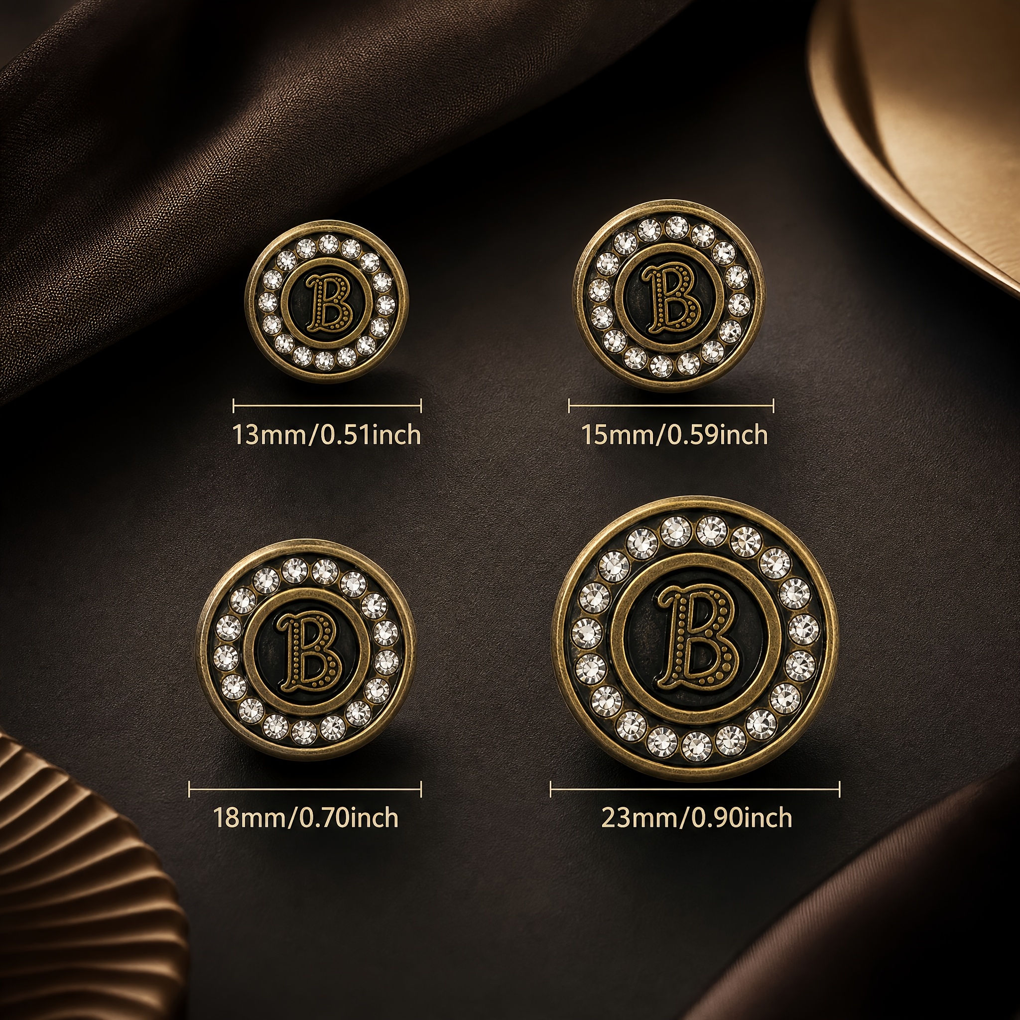 TEMU 12pcs Set / 4 Sizes Vintage Bronze Rhinestone Embossed "b" Letter Metal Buttons, Classic Elegant Style, Light Luxury And Exquisite High-end