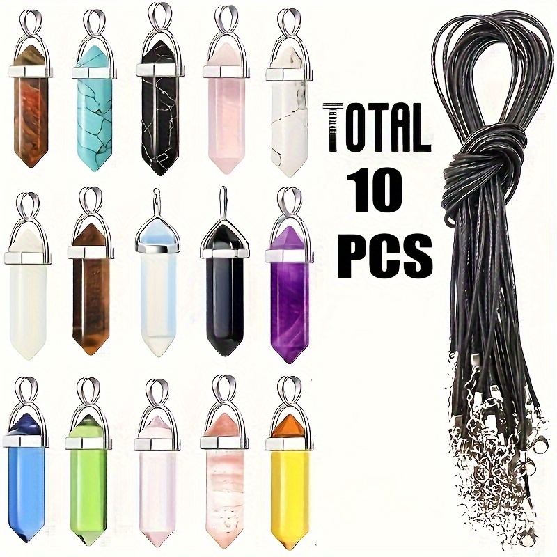 

10pcs Natural Pendants Set, Hexagonal Quartz Bullet Shape, Chakra Pointed Beads With Black Leather Necklace Chain, Making Kit With Storage Bag