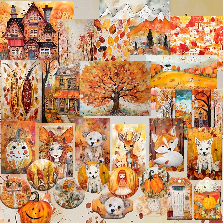 

70-piece Autumn-themed Card & Sticker Set - Pumpkin & Field Designs For Diy Scrapbooking, Greeting Cards, Party Decor, And Craft Projects