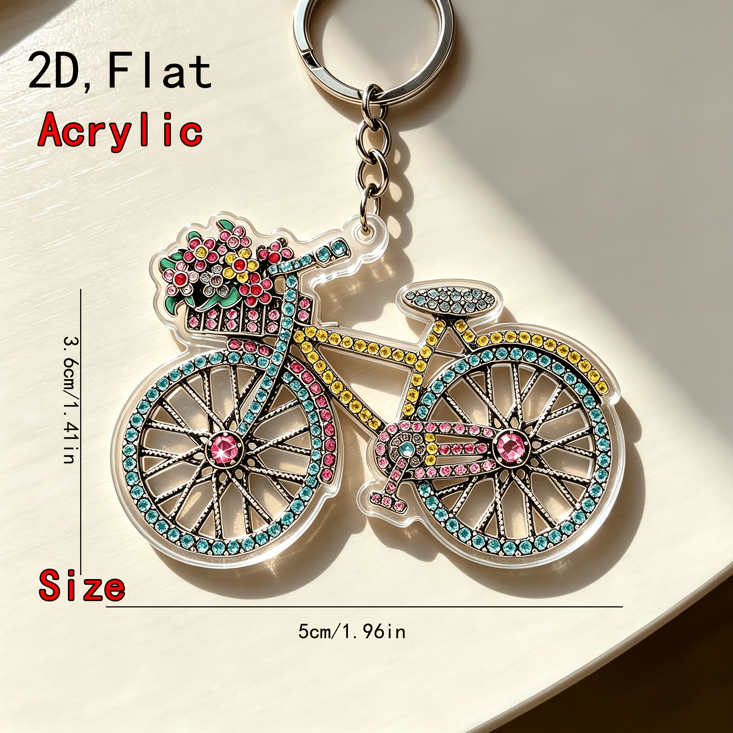 TEMU 2d Flat Acrylic Decorative Keychain Bicycle Flower Rhinestone Pattern Pendant Ornament Gift For Festivals
