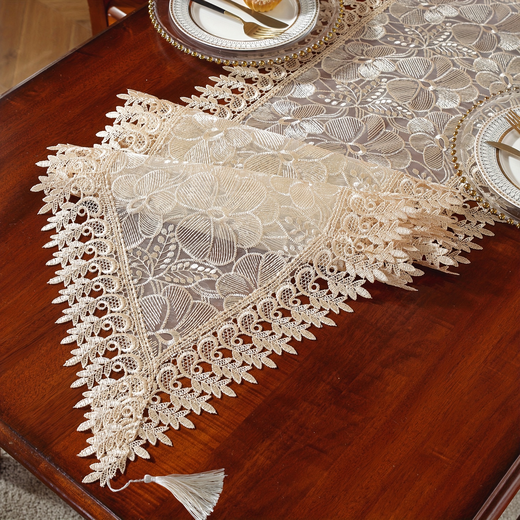 Image of 1pc Polyester Organza Exquisite Coffee-colored Embroidered Floral Placemat With Lace Trim, Suitable For Home, Holiday, Outdoor Picnic Decoration, Party, Wedding, 11.8x17.3inch/15.6inch