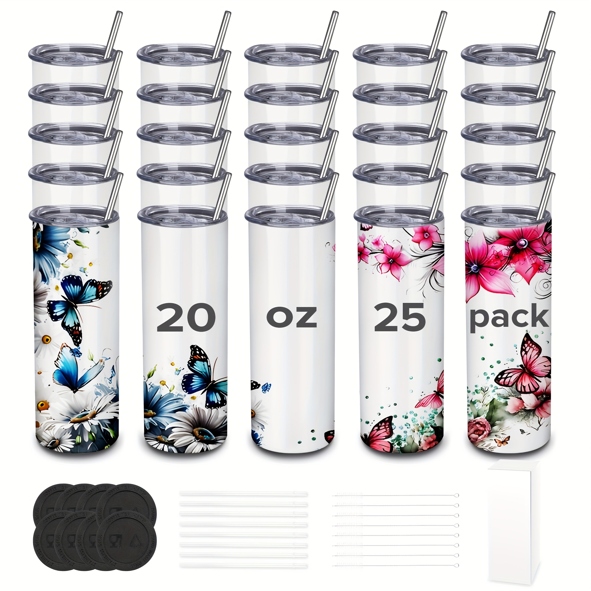 

25pcs, 20oz Skinny Sublimation Tumblers Blanks, With Plastic & Metal Straw Straw Cleaner Rubber Bottom , For Press Machine Sublimation Oven Sublimation Printing