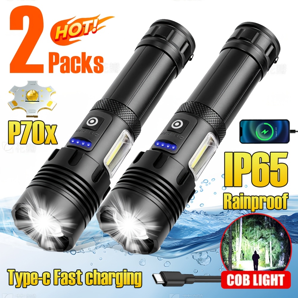 TEMU Rechargeable Tactical Led Flashlight P70x, High Power Usb-c Charging, Dustproof, 7 Lighting With Cob, Adjustable Beam, 150-350 Lumen, For Camping, Repair, Outdoor Use, With Usb Cable