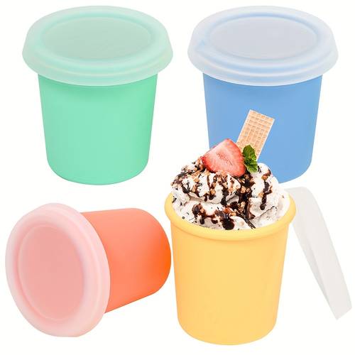 set of 4 mini ice cream containers with silicone lids 6 ounces versatile leak proof storage for foods homemade ice cream blue orange green and yellow silicone dessert bowls