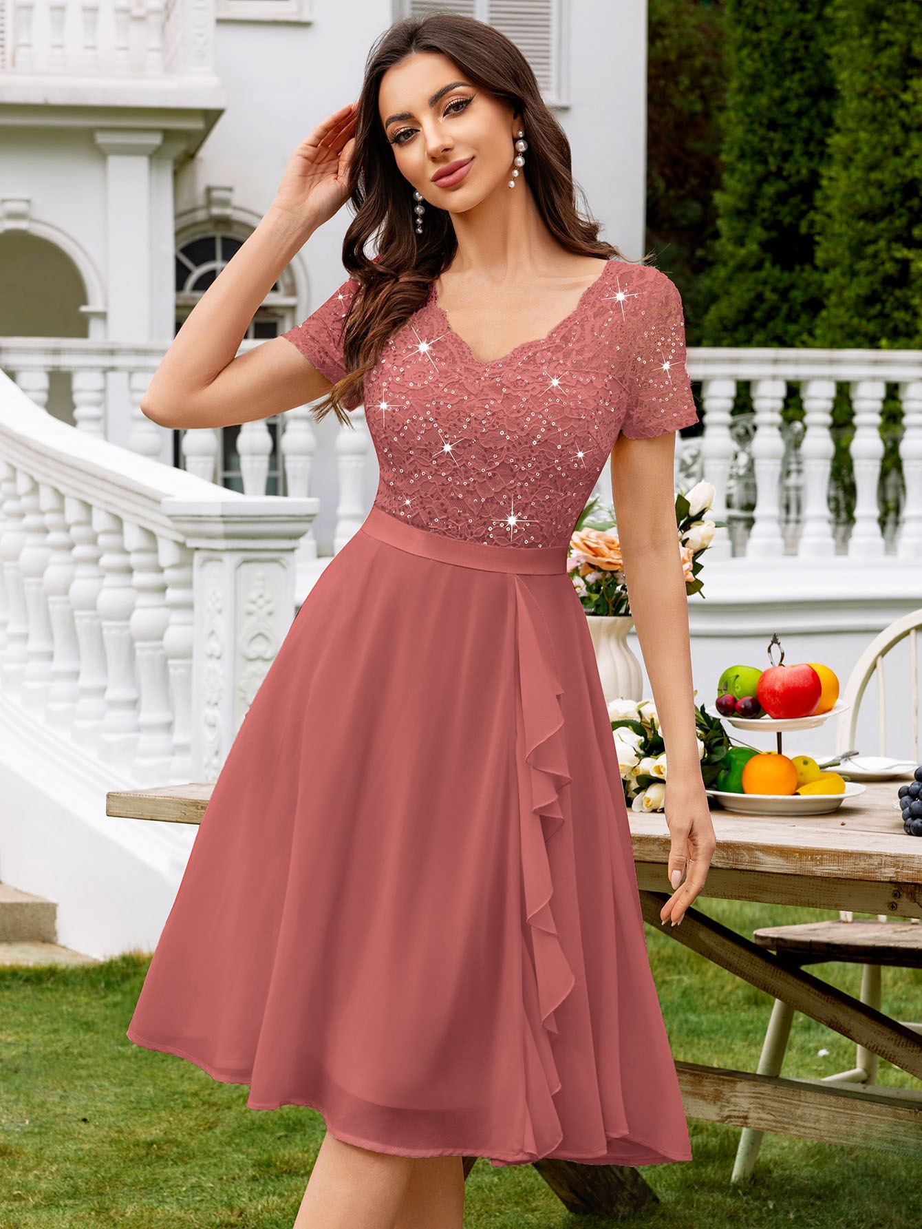 white christmas dresses Layered Ruffle Hem V Neck Lantern Sleeve Chiffon Dress Purple / M main image 1