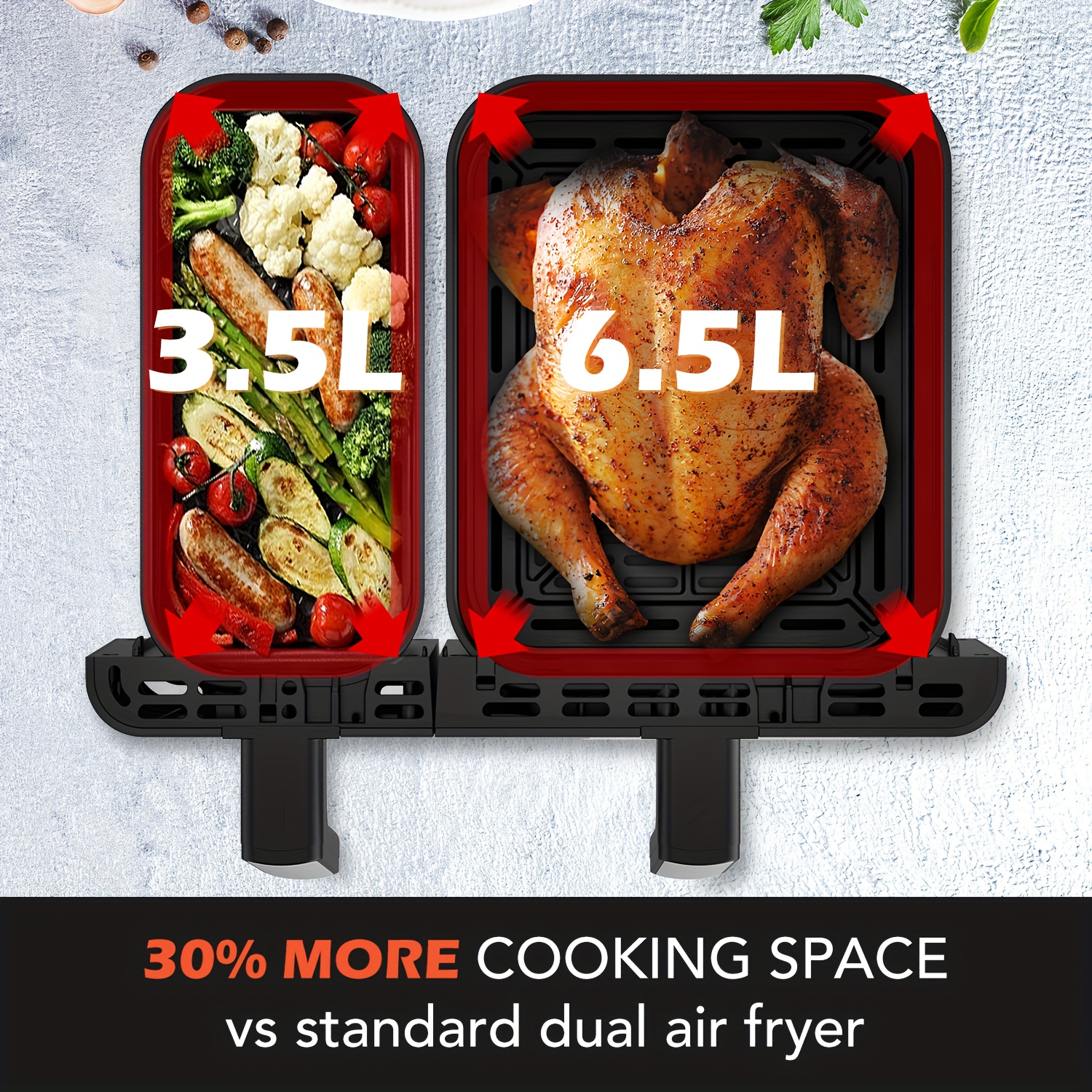 10L Luchtfriteuse-oven met dubbele mand, doorzichtige ramen, Sync-afwerking, Hi-Fry, automatische uitschakeling, 2 onafhankelijke (3,5L+6,5L) -aanbak, vaatwasserbestendige frituurmanden, digitale dubbele luchtfriteuse, grillen, braden, uitlekken, bakken