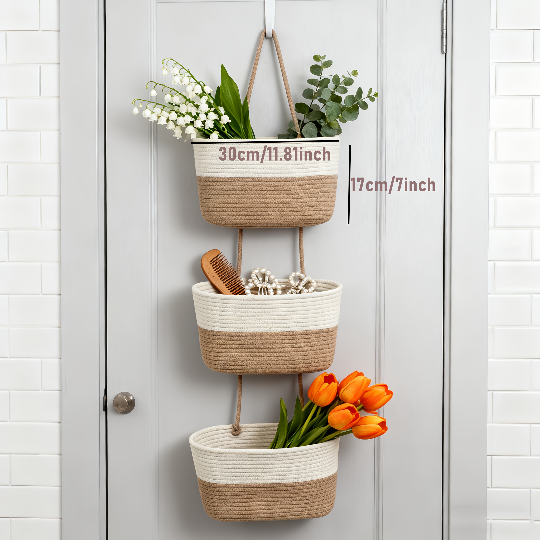 Image of 3-tier Hanging Basket, A Storage Basket For The Door, Door Storage Box, Wall-mounted Storage Box, Decorative Hanging Basket For The Bathroom, Storage Box For Behind The Door (white And Brown)