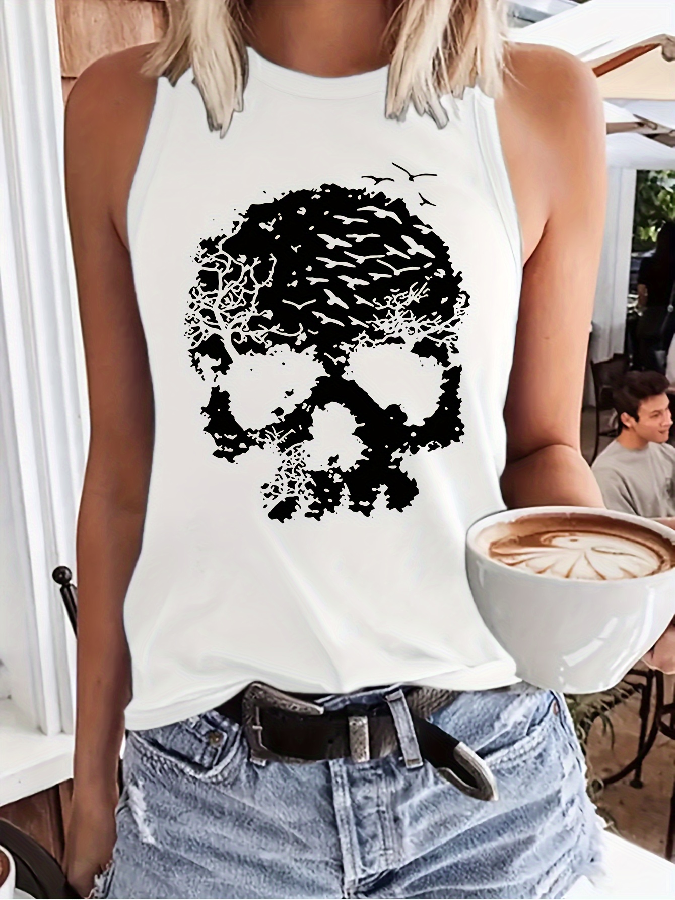 Skull Print Ruched Bust Cami Top Y2k Tie Shoulder Sleeveless - Temu