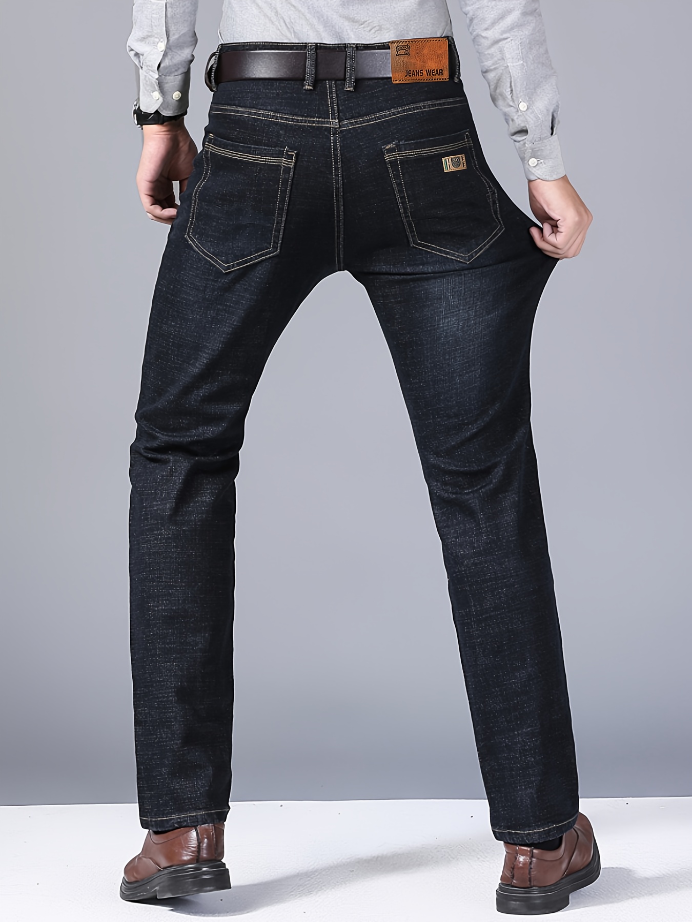 Men's Plus Size High-Quality Business Casual Jeans - Light Blue, Stretch Denim with Golden-Tone Button Detail, Comfortable & Durable for All Seasons, PLUS SIZE