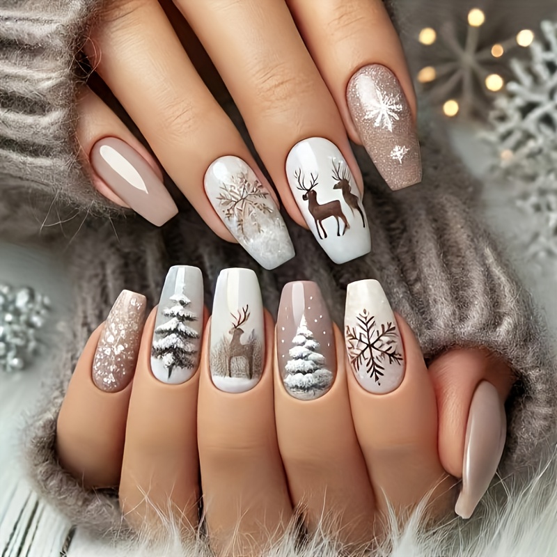24pcs Christmas Style, Winter Christmas Deer, Pine Tree Removable Wearable Press - On Fake Nails
