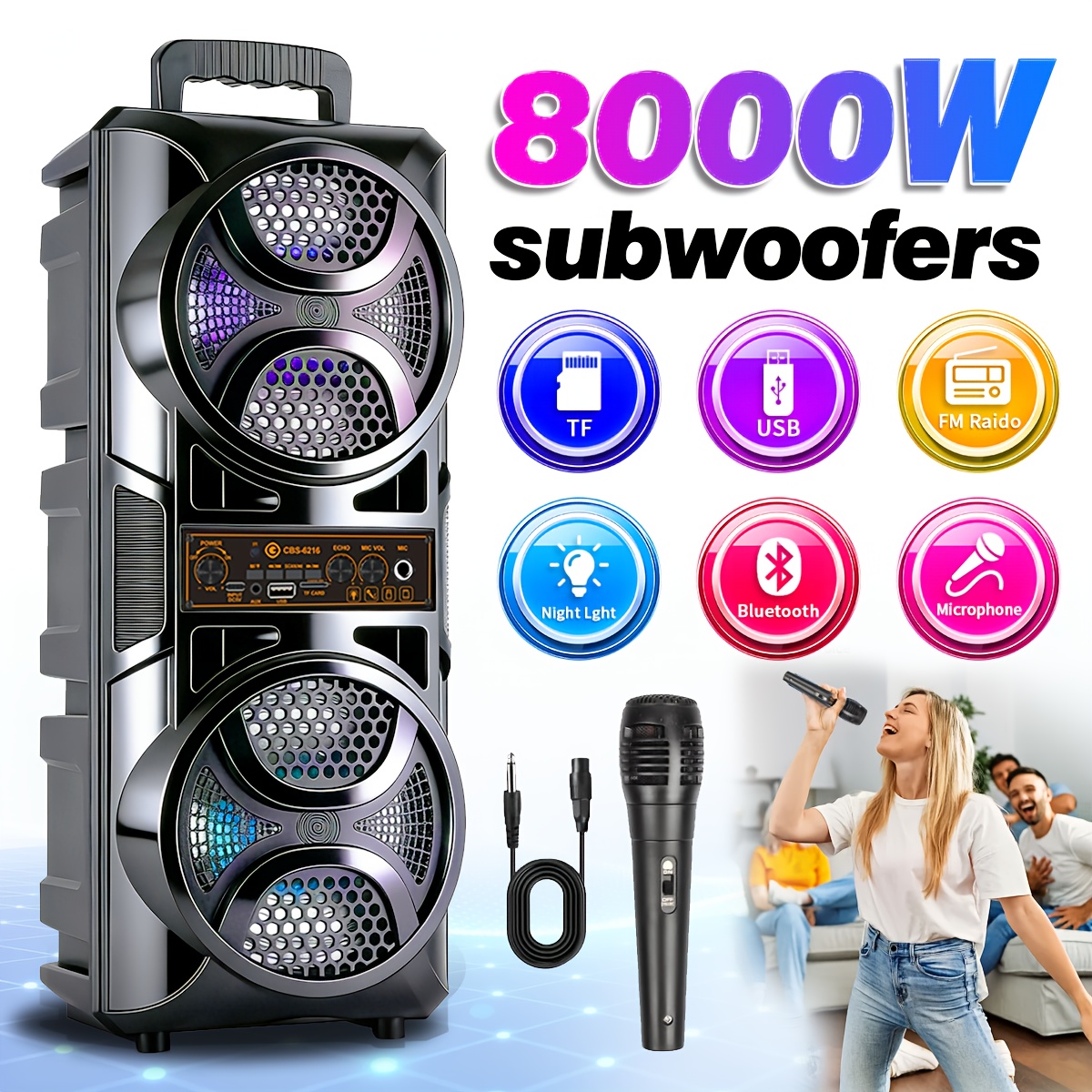 Image of Portable Wireless With Dual 6.5-inch Speakers, Powerful Subwoofer, Led Light Effects, Tws Stereo, Aux/usb/tf Card Support, Wireless Speaker For Parties, Home And Outdoor Events