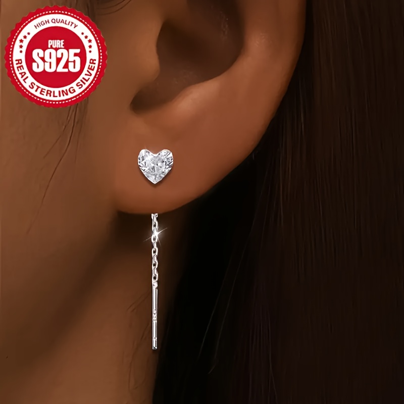 TEMU 925 Pure Silvery Elegant Heart-shaped Water Drop Earrings, 1.2 Grams, Low Allergy, Autumn And Winter Simple Long Chain Earrings, Suitable For