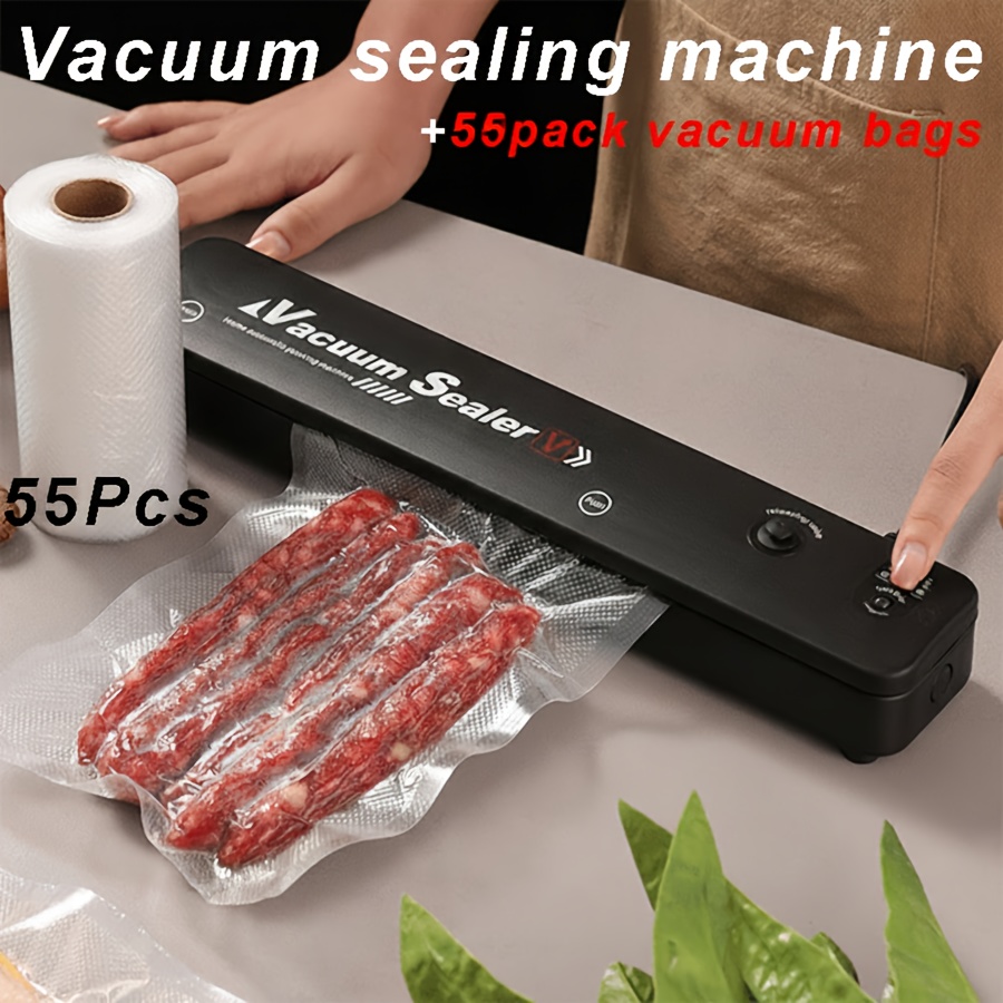 Vacuum Sealing Machine Set with 55 Bags for Food Preservation and Low-Temperature Cooking, Automatic Household Vacuum Sealer in Black or Whi