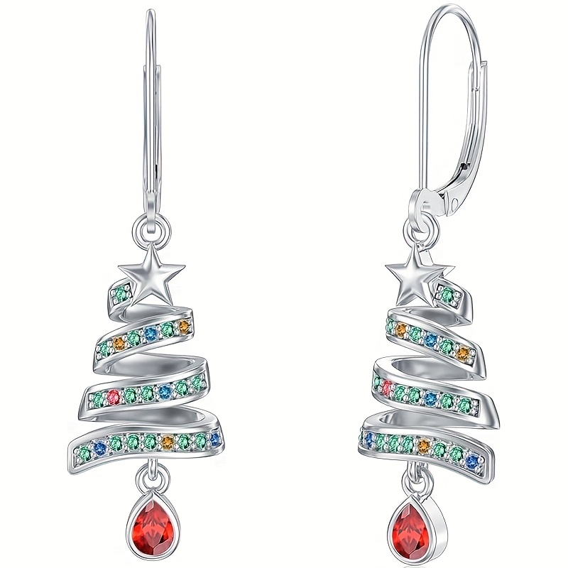 TEMU Women's Elegant Christmas Tree Earrings - Spiral Drop Jewelry With Red, K Plated, Everyday & Party Jewelry Gifts For Christmas, Birthdays,