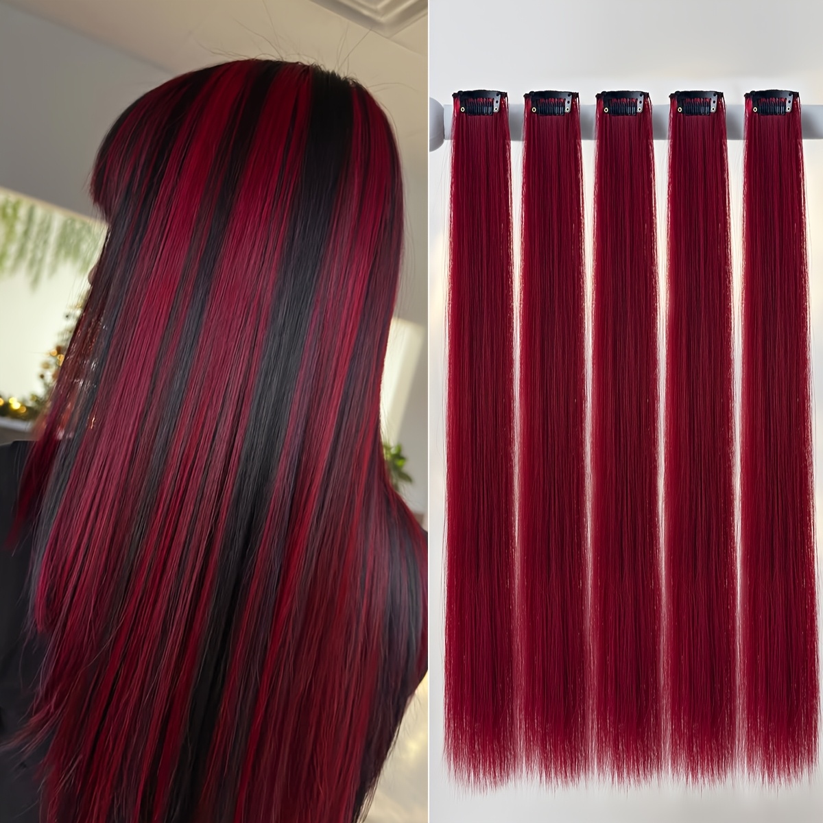 Image of 5pcs Colorful Soft Pink Clip-in Hair Extensions, Red, For Women, Unisex Adults, Straight Hair, High Temperature Fiber, For Halloween, Christmas Party