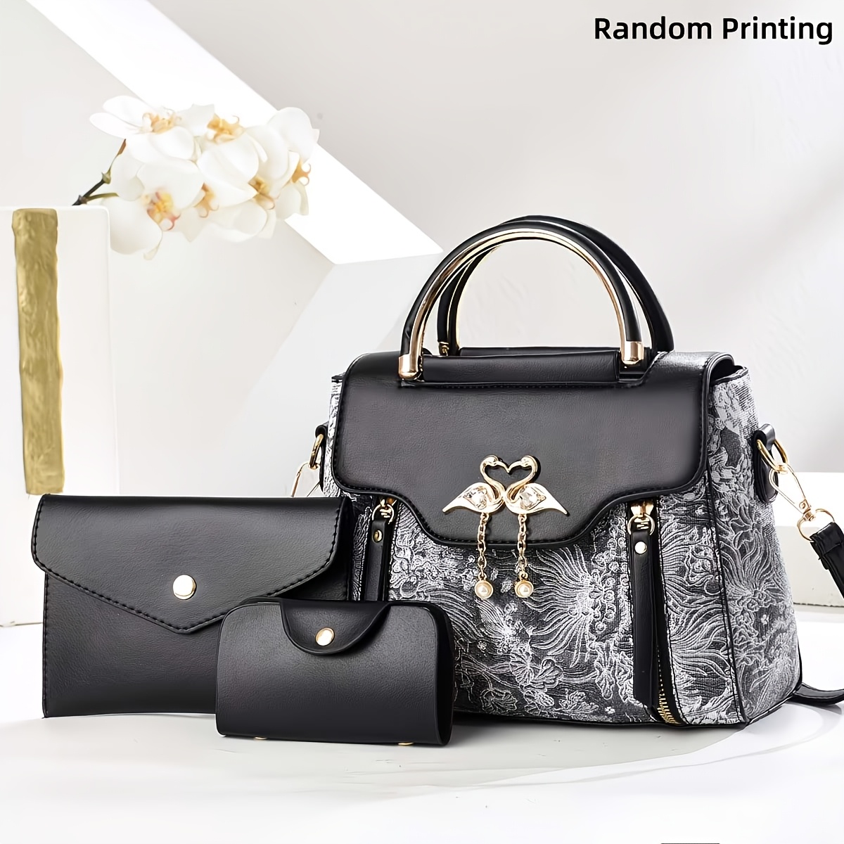 3pcs Women's Handbag Set, Swan Decor Top-Handle Tote Bag with Card Holder &amp; Purse, Elegant Crossbody Shoulder Bag, Pink Synthetic Leather &amp; Letter Print, Casual &amp; Party Use image 4