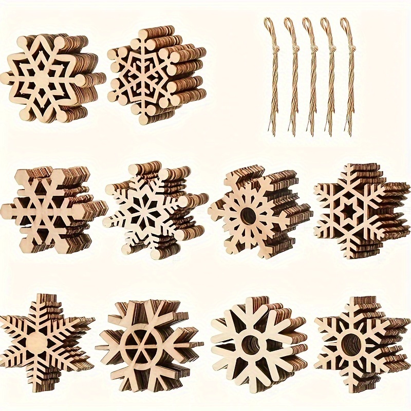 

50-pack Unfinished Wood Snowflake Ornaments With Strings For Christmas - Assorted Hollow-out Wooden Holiday Craft Decorations For Diy, Tree, Party Decor, Seasonal Fall & Winter Accessories