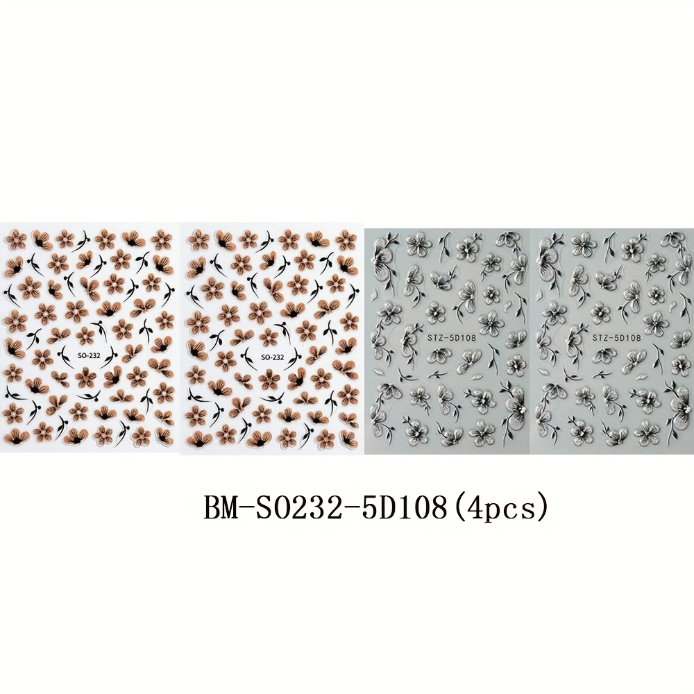 Image of 4pcs Floral Nail Stickers Black Floral Rhinestone Golden And Silvery Glitter Classical Five-petaled Flower Petals Leaves 5d Embossed Three-dimensional Self-adhesive Nail Sticker Decoration