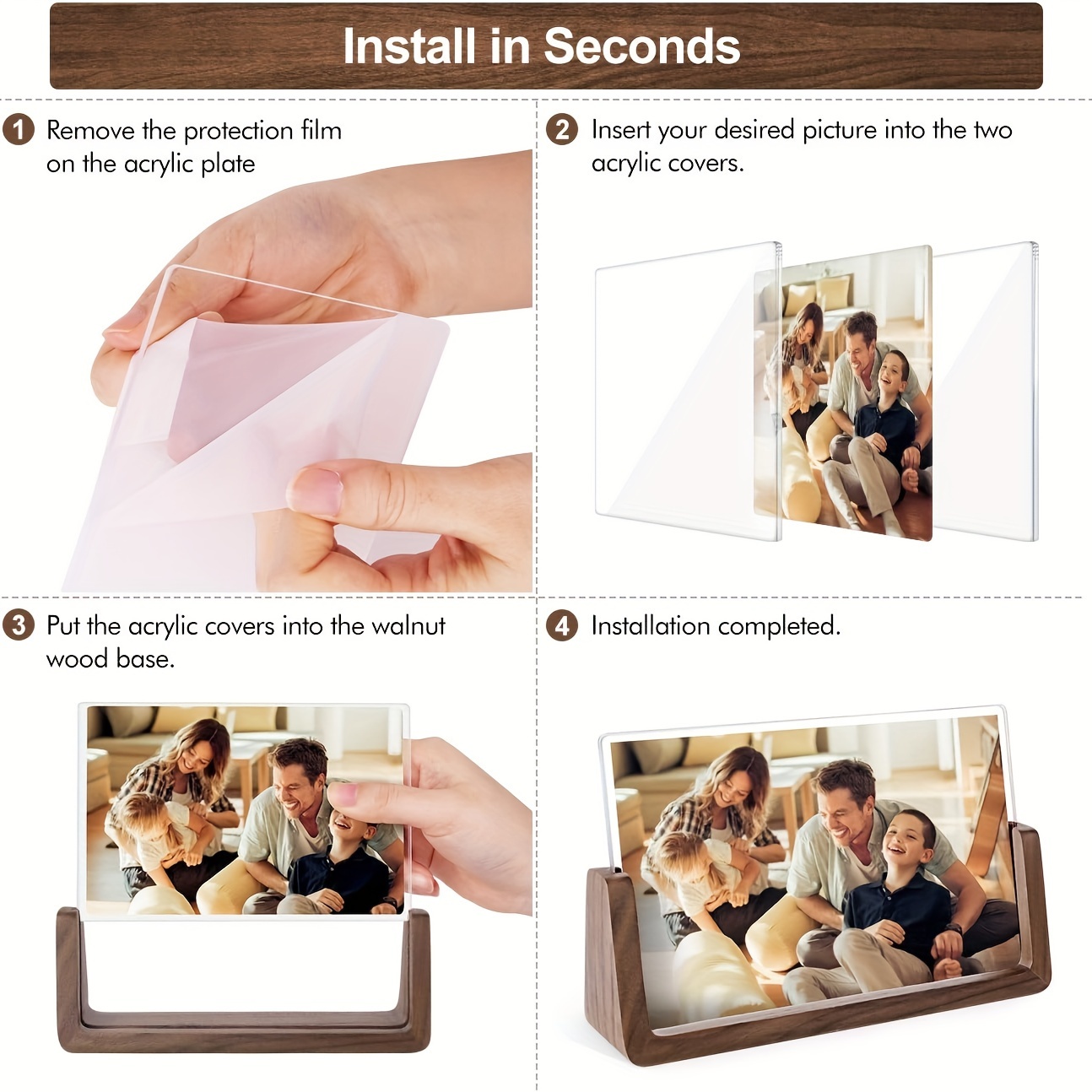 2 pack u shaped light   collage picture frame with solid wood base clear acrylic photo holder display fits 4x6 inch photos   6 14 details 3