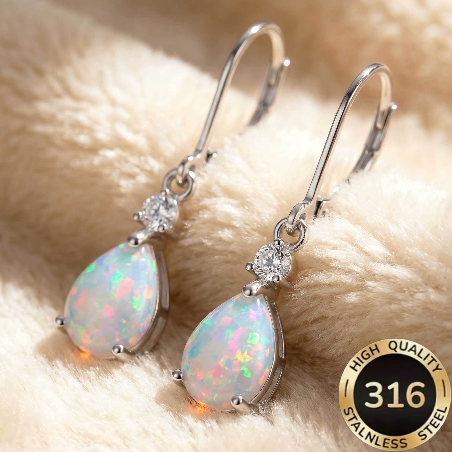 TEMU A Pair Of High-quality Steel Hypoallergenic Light Luxury Sparkling Teardrop-shaped Iridescent Synthetic Australian Gemstone Drop Earrings For