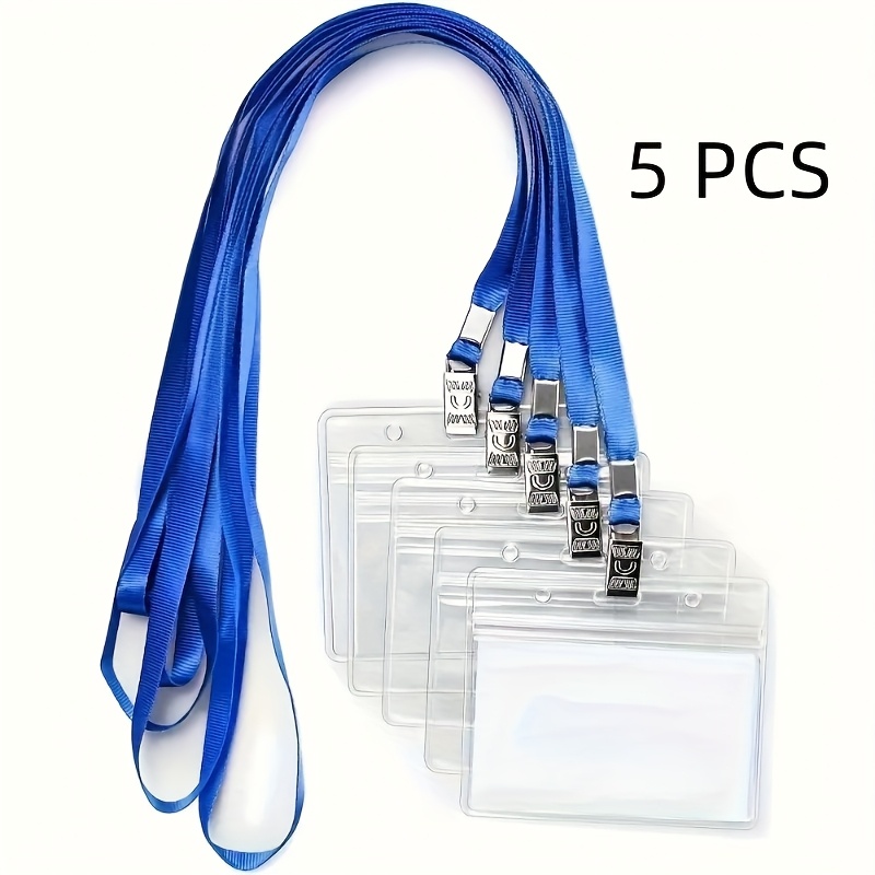 E-shop 2D 5 Stück Transparente PVC Namensschildhalter mit blauen Lanyards – Namensschildhalter-Set für Büro, Schule Reiseveranstaltungen