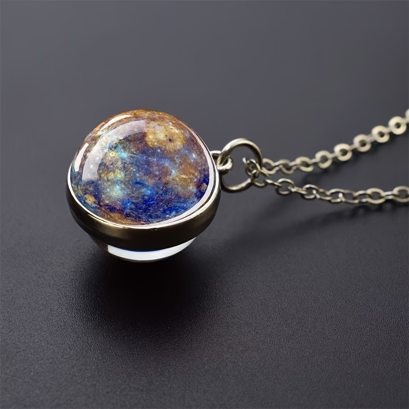 TEMU Solar System 304 Stainless Steel Necklace With Pattern Pendant, Glass Ball Pendant, Fashion Jewelry Accessory, Celestial Gift For Men And Women