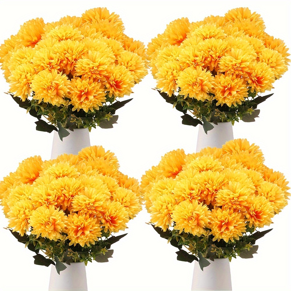 Set Of 4 Artificial Chrysanthemum Ball Flowers With 24 Heads In Orange, Perfect For Autumn Home Decor, Indoor Floral Displays, Table Arrangements, And Fireplace Embellishments
