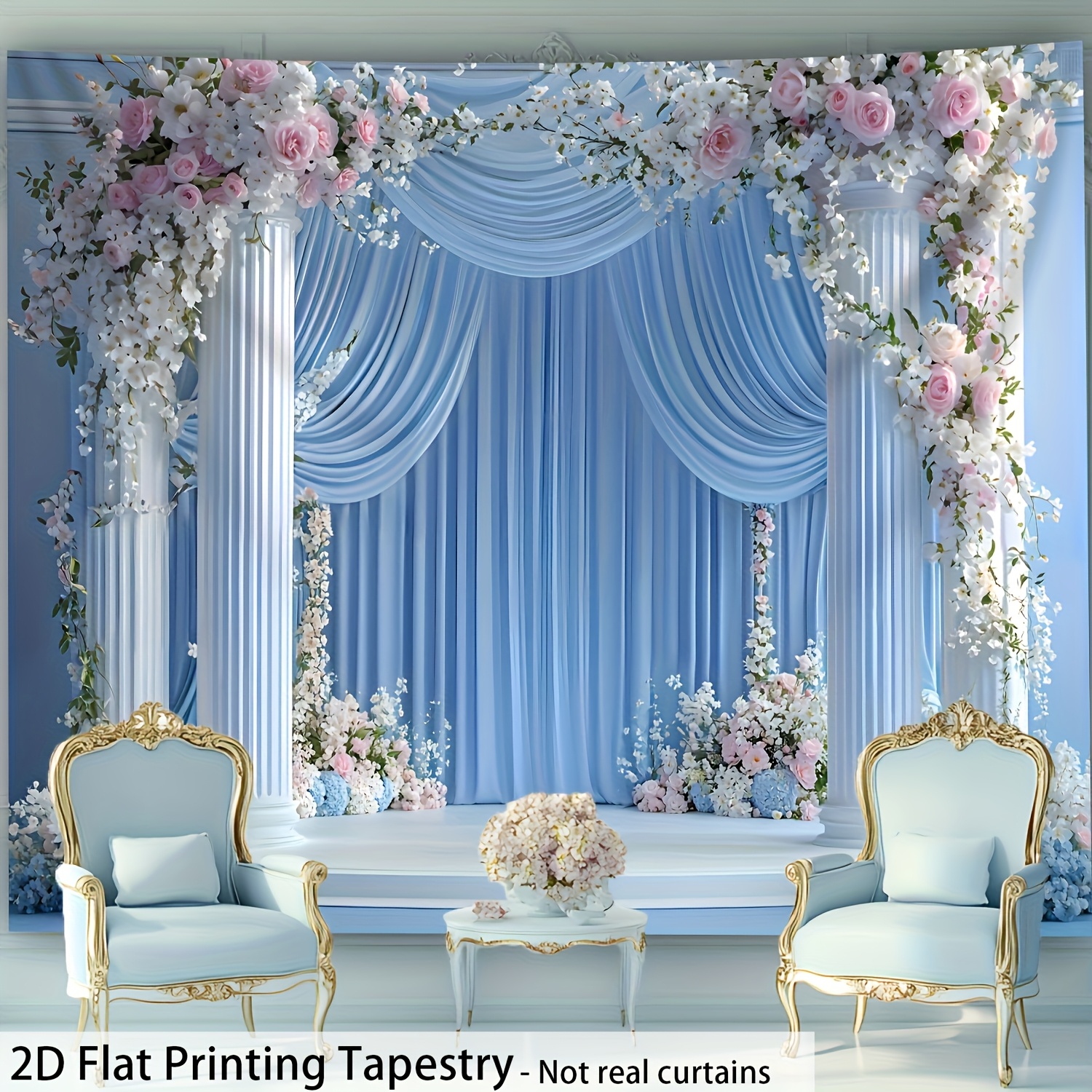 E-shop 2D-Flach, [2D-Flachdruck, keine echten Vorhänge] . – Übergroße Größe – Eleganter hellblauer Blumenlandschaftsdruck – HD-Digitaldruck riesiger
