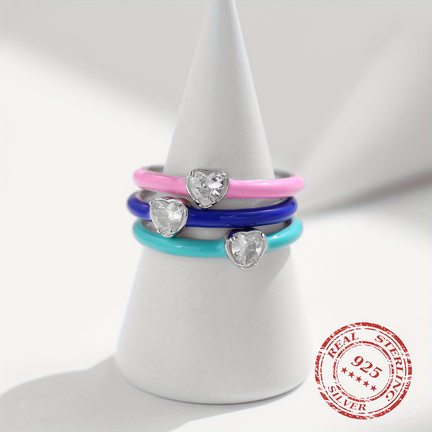 Women's 925 Sterling Silver Colorful Enamel Hearts Stackable Ring